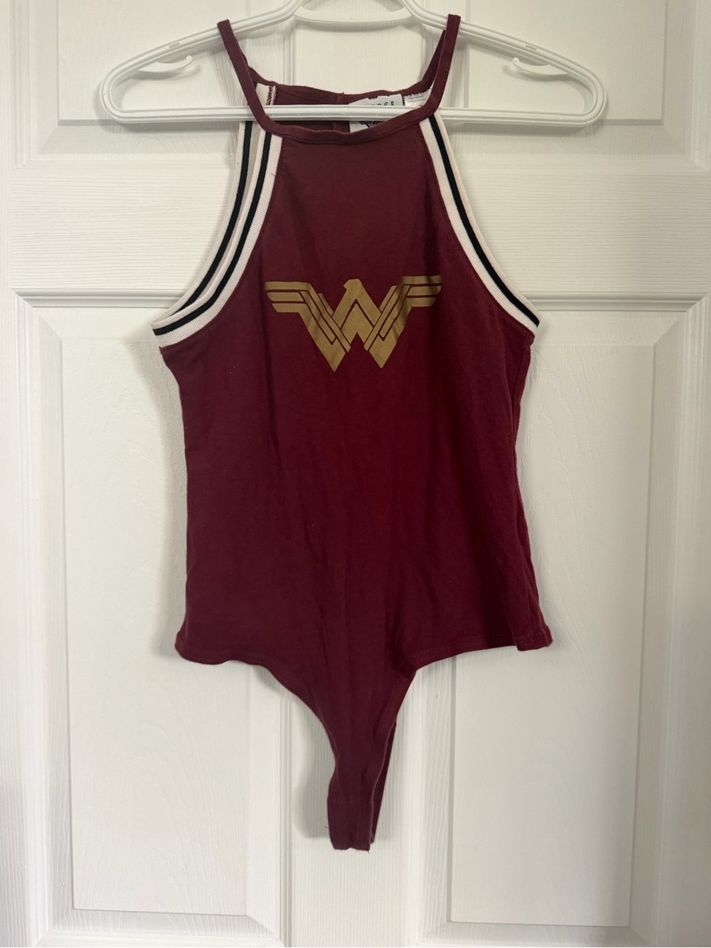 Wonder-Woman Maroon One-Piece Bodysuit with Gold Emblem